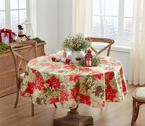 Newbridge 70 Inch Round Majestic Poinsettia Vinyl Christmas Tablecloth with Flannel Backing