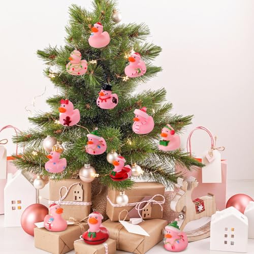 Syhood Pink Christmas Rubber Ducks Hanging Ornaments - Pack of 12
