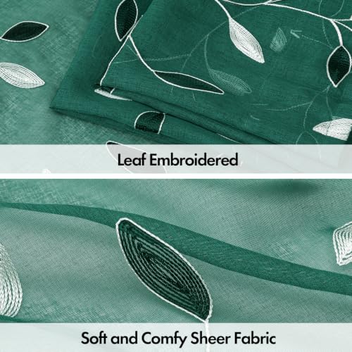 MIULEE Hunter Green Leaf Pattern Sheer Curtains 52x84 in | Set of 2