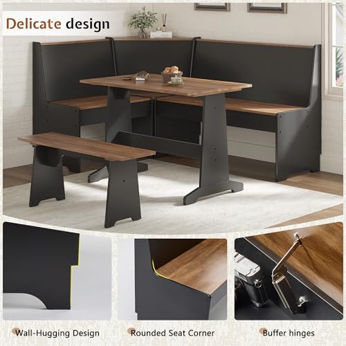 3-Piece Corner Dining Set with Hidden Storage, L-Shaped Breakfast Nook