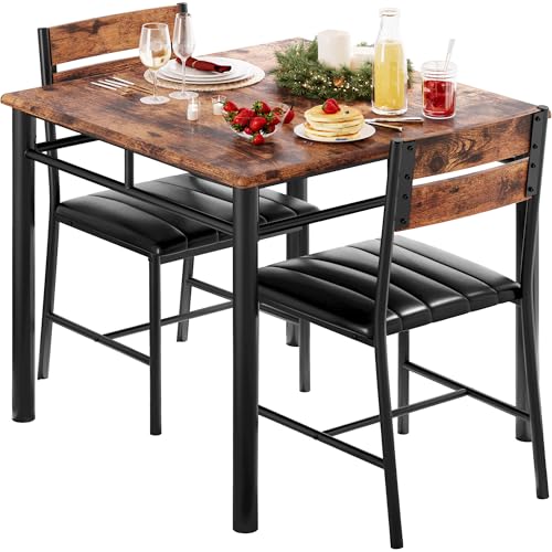 3-Piece Compact Dining Table Set for 2 with Upholstered Chairs, Rustic Brown