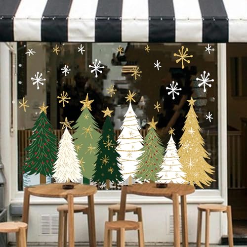 Whaline 9 Sheets Christmas Window Clings - White Green Gold Xmas Tree & Snowflake Decor (White Green Gold Trees)