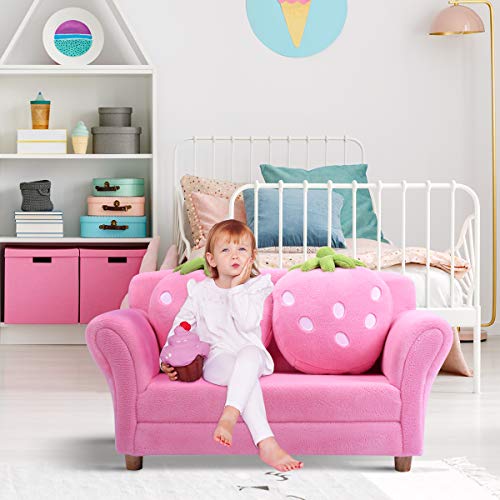 Kids Double Sofa with Strawberry Pillows - Pink Toddler Loveseat