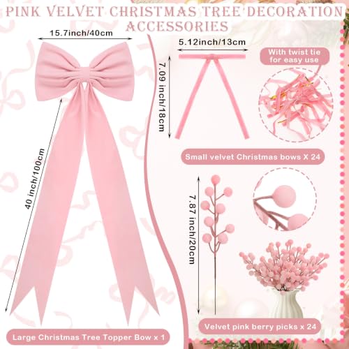 Pink Christmas Tree Decorations Set with Velvet Bows & Berry Picks - 49 pcs