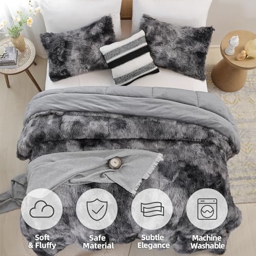 Fluffy Faux Fur King Comforter Set - 3-Piece Plush Tie-Dye Grey Bedding Set