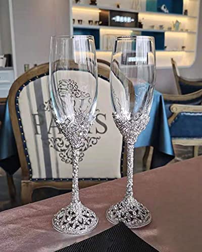 Jozen Gift Silver Crystal Champagne Flutes Set of 2 Wedding Anniversary Party Gift