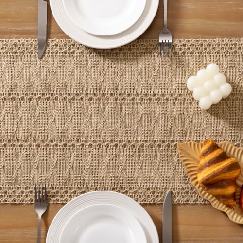 Boho Macrame Table Runner - Rustic Woven Cotton Linen (12 x 36 in)