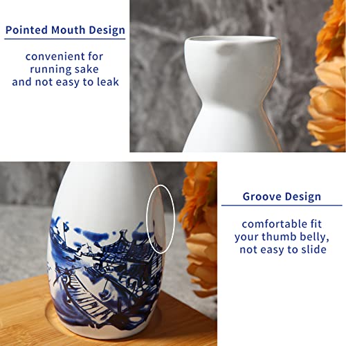 ABuff Japanese Sake Set with Ceramic Tokkuri & Ochoko Cups, Wooden Tray