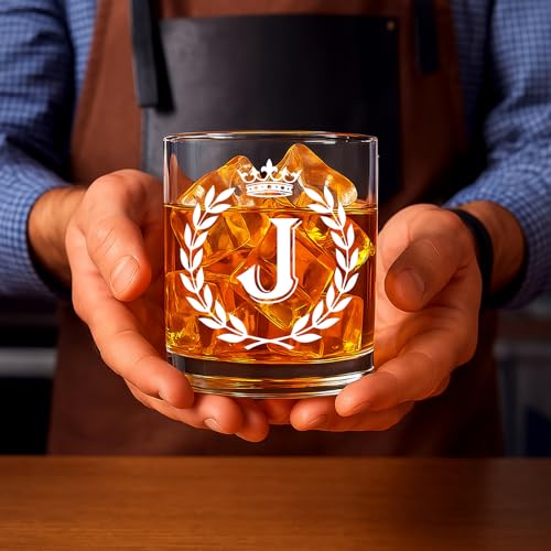Personalized Whiskey Glass with Letter J Initial - Transparent 10 OZ Old Fashioned Gift for Men