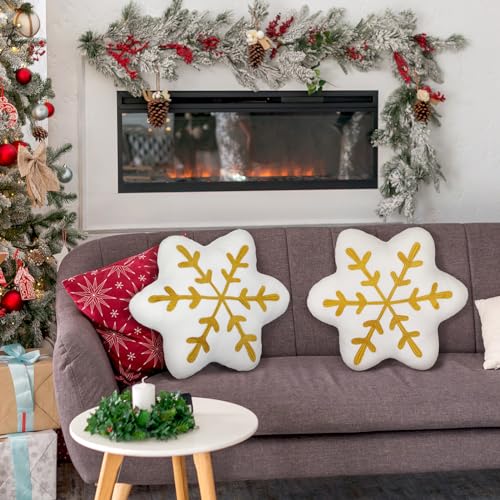 Soaoo Gold Snowflake Throw Pillows, 2-Pack Sherpa 13.8in Cushions for Sofa/Bed