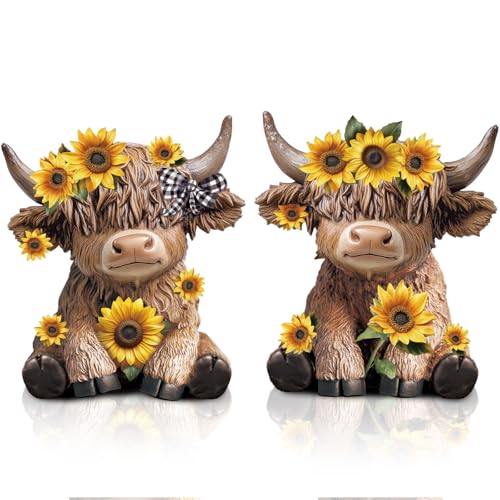 Highland Cow Figurines Set, Sunflower Resin Statue for Farmhouse Decor