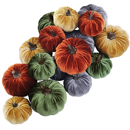 16 Pcs Small Velvet Pumpkins Set - Rustic Fall Harvest Table Decor