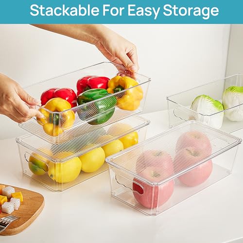 Vtopmart 4pcs Clear Organizers and Storage Bins with Lids, Stackable Plastic Storage Containers with Handles for Fridge, Freezer, Pantry, Cabinet, Kitchen Organization