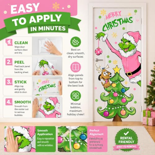 Pycat Pink Variation Christmas Window Decals Set with Green Santa & Tree - Easy Peel