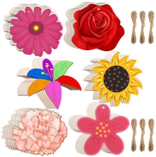 Flower Variation Wooden Ornaments Set - 60 Unfinished Natural Wood Discs with Jute Rope for Christmas & DIY Crafts