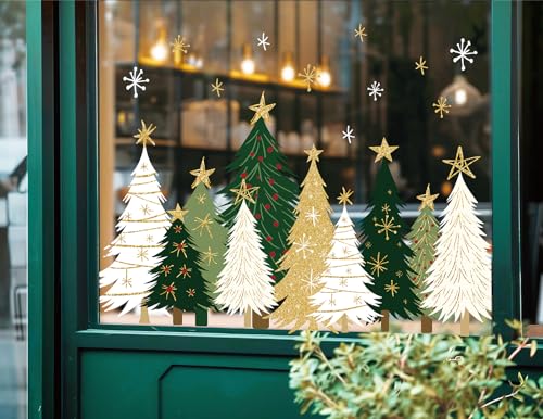 Whaline 9 Sheets Christmas Window Clings - White Green Gold Xmas Tree & Snowflake Decor (White Green Gold Trees)