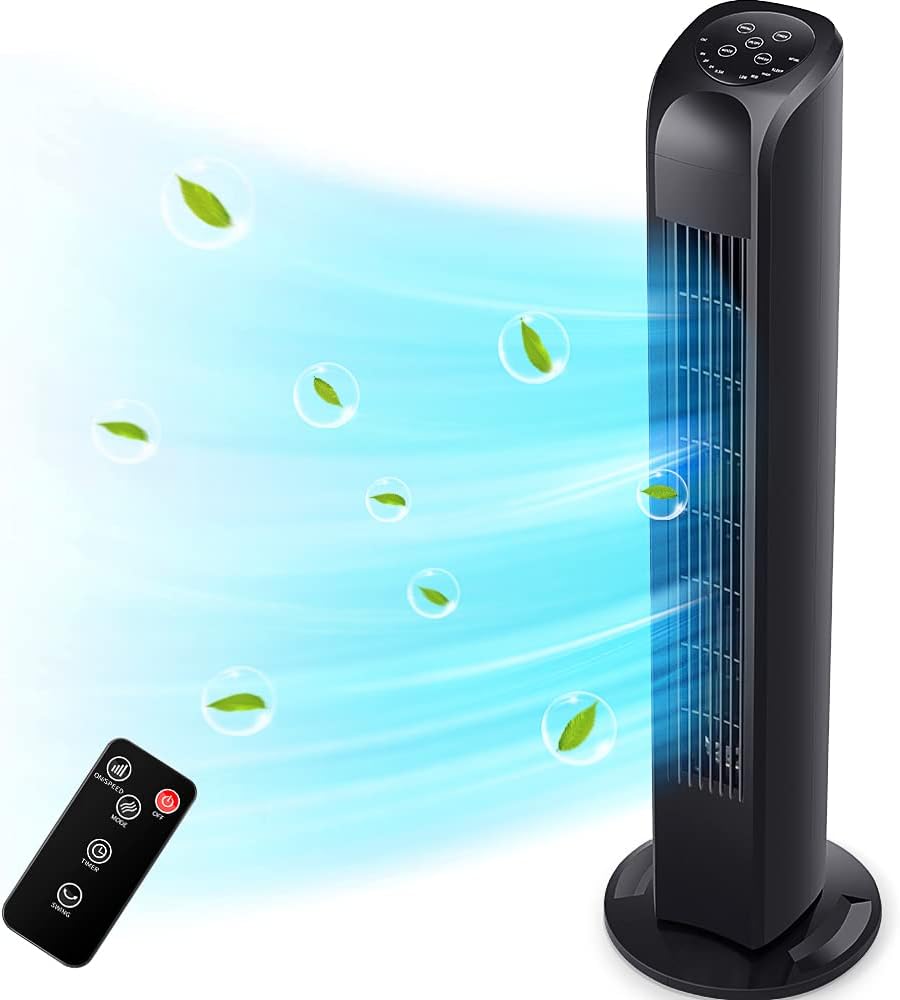 Uthfy Oscillating Tower Fan - Quiet Bladeless Electric Fan with Remote | 30-Inch Black Design for Home & Office