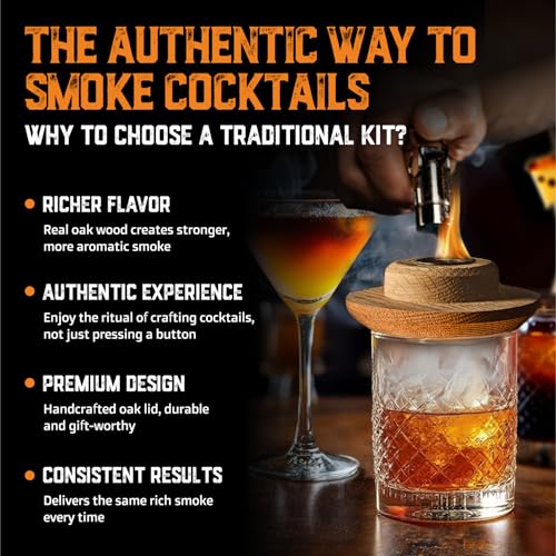 Aged & Charred Whiskey Smoker Kit Oak Wood with Butane & Syrup - Gift Set