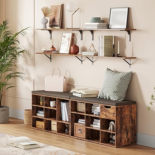 31.5-inch Floating Wall Shelves with Metal Brackets - Set of 2, Rustic Brown