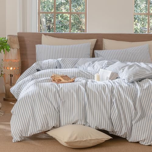 100% Washed Cotton Striped Duvet Cover Set - Queen Soft Linen Texture Bedding