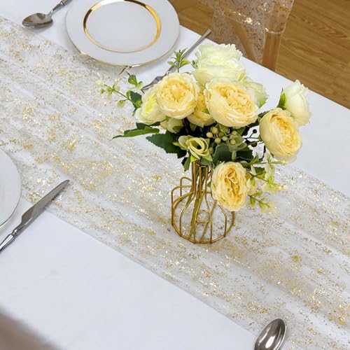 AerWo 8 Pcs Gold Table Runner 10FT Sheer Sparkle Wedding Party Decor