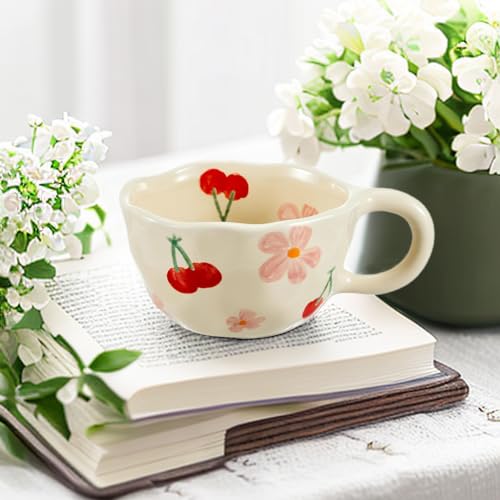 XinHuiGY Pink Flower Handmade Ceramic Coffee Mug with Spoon 8oz – Cute Kawaii Tea Cup for Women, Mothers Day Gift