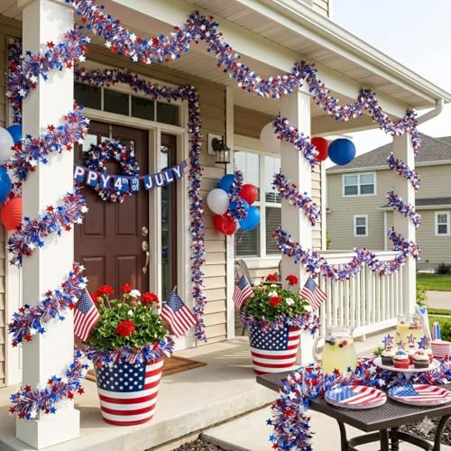 50ft Patriotic Red White and Blue Tinsel Garland - 4th of July Decor