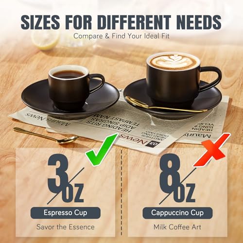Lareina 3 oz Black Espresso Cups Set of 4 with Saucer, Spoons & Metal Rack