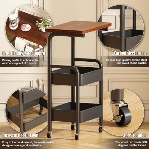 Black 3-Tier Metal Utility Cart with Walnut Top, Lockable Wheels & Sturdy Frame