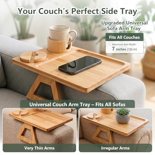 Bamboo Couch Armrest Table with Cup Holder and 360° Phone Stand