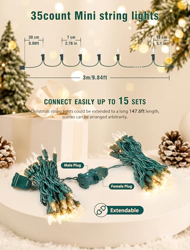 Hopolon 9.8FT 35 Warm White Christmas String Lights with Green Wire – Connectable Incandescent Mini Lights