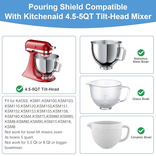 Pouring Shield Splash Guard for 4.5-5QT Tilt-Head Stand Mixer Bowls