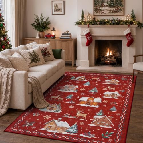 LIVEBOX 5x7 Christmas Washable Area Rug Red Scalloped Reindeer Snow Scene