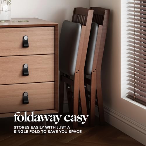 Folding Wood Dining Chairs with PU Leather Cushion, 2 Pack