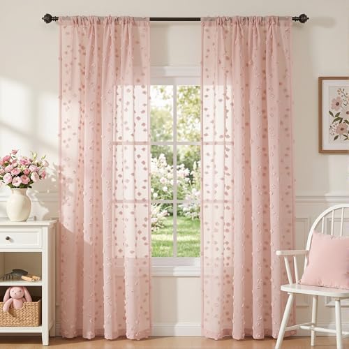 Pink Sheer Curtains with Pom Poms - 36x84 Inch Set of 2 Rod Pocket Drapes