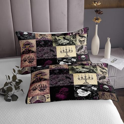 Gothic Crow Queen Bedspread Set, Vintage Skull Floral Quilt Coverlet 3Pcs