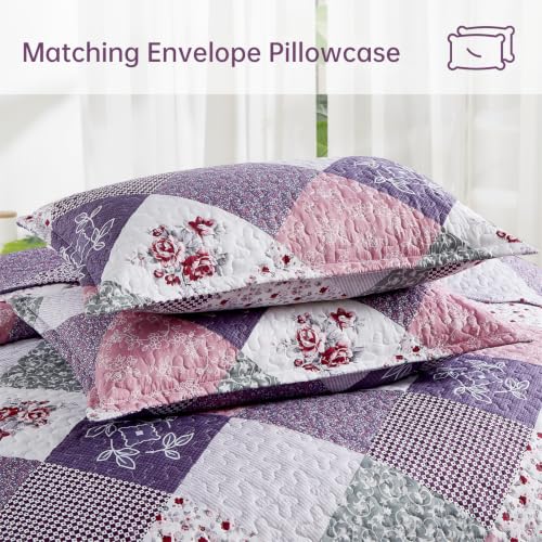 Dinjoy Purple Patchwork Quilt Set Queen - 3 Piece Microfiber Bedspread