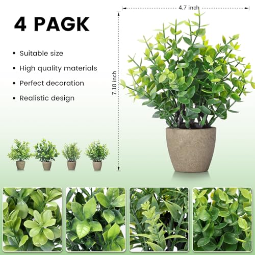 4-Pack Artificial Potted Plants with Ceramic Pots, 7-Inch Faux Greenery