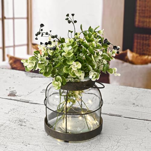 Vintage Glass Farmhouse Vase Lantern with Artificial Plants & Lights