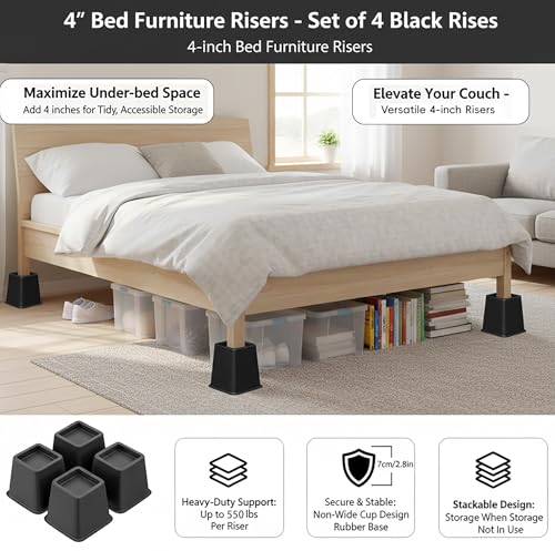 Heavy Duty Bed & Furniture Risers 4 Inch - Non-Slip Stackable Lifts (Set of 4)