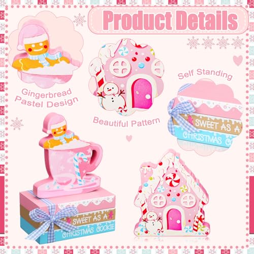 Gingerbread Man House Sign Set - Pink Christmas Table Decor (5 Pcs) - Includes Pastel Books & Coffee Cup Sign