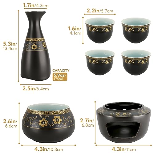 PUNNIO Black Japanese Sake Set with Warmer - 7pcs Ceramic Sake & Soju Gift Set