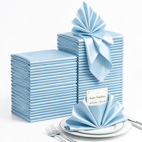 ZEBMOON Light Blue Satin Napkins 17x17 Inch Bulk Set of 80 - Elegant Table Decor