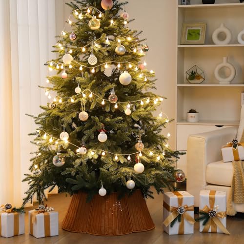 VioraWhite Woven Rattan Christmas Tree Collar - 27.95 Inch Scalloped Edge