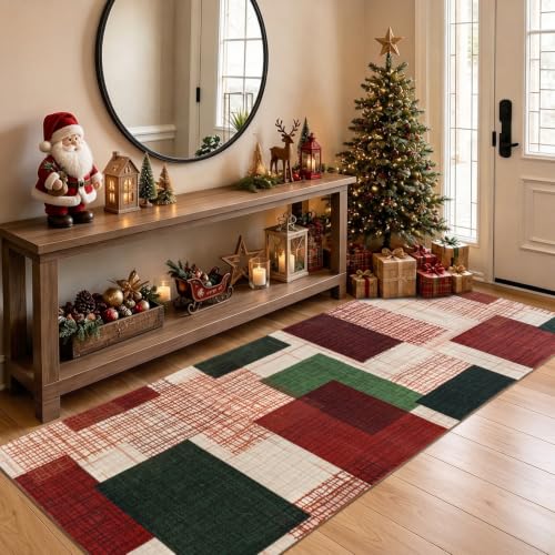 Ailyei Red-Green 2' x 6' Washable Christmas Runner Rug - Hallway & Kitchen