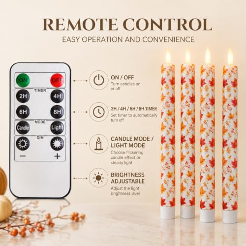 Maple Leaf Flameless Taper Candles with Remote Control - 4 Pack 10 Inch LED Autumn Decor - Variation T-FC-UP4TMB-LEAF