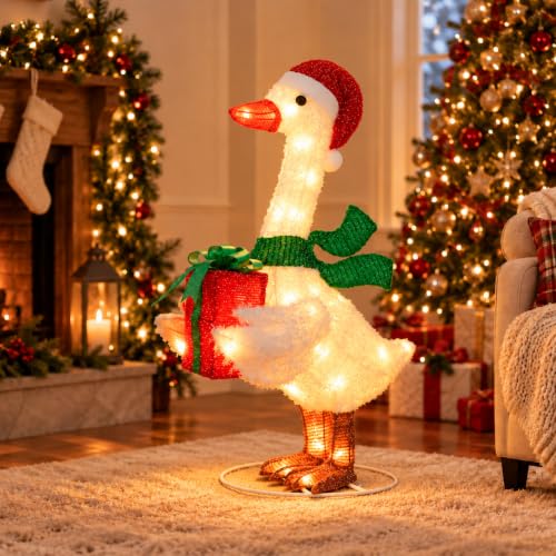 MUMTOP Lighted Christmas Goose Decoration with Santa Hat & Gift Box - White & Green