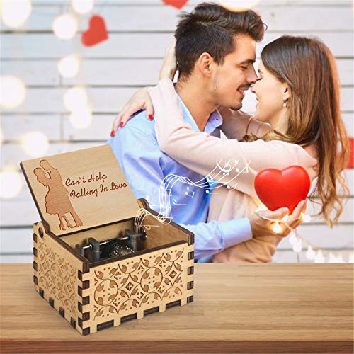 Hand-Operated Antique Engraved Wood Music Box - Romantic Gift for Loved Ones