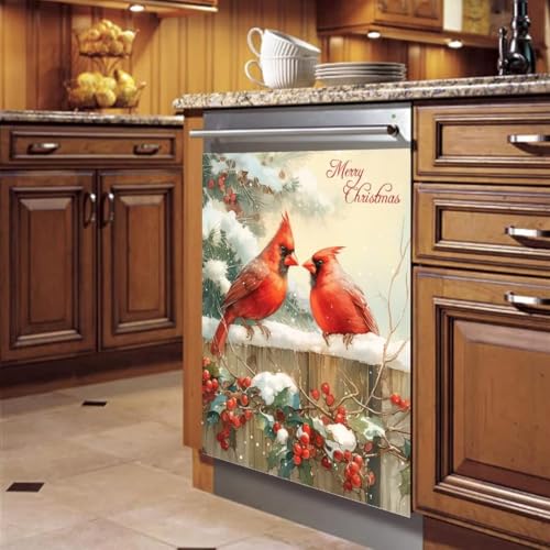 RTHDG Winter Red Birds Magnetic Dishwasher Door Cover 23" W x 26" H - Christmas Berry Decor