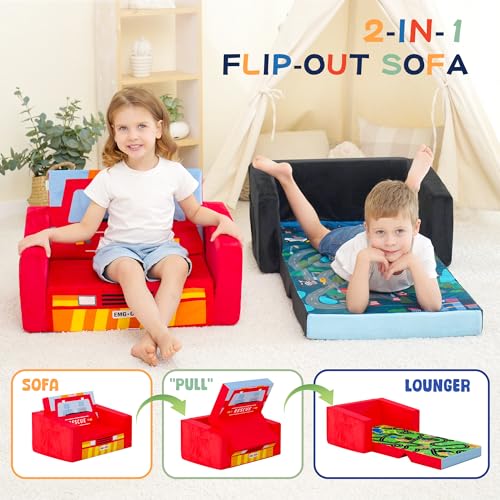 2-in-1 Kids Sofa Bed - Fold-Out Toddler Couch and Recliner, Fire Truck